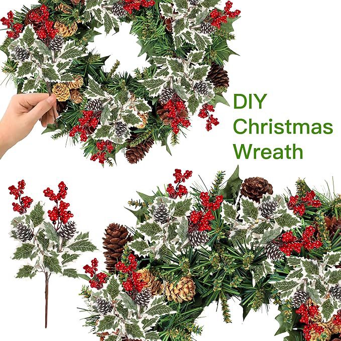 Set of 2 Faux Red Berry & Pinecone Stems, 16 Inch Realistic Winter Floral Spray for Christmas Decor, Holiday Vase Fillers, Wreath Making & Crafts