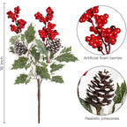 Set of 2 Faux Red Berry & Pinecone Stems, 16 Inch Realistic Winter Floral Spray for Christmas Decor, Holiday Vase Fillers, Wreath Making & Crafts