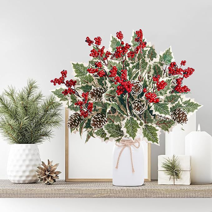 Set of 2 Faux Red Berry & Pinecone Stems, 16 Inch Realistic Winter Floral Spray for Christmas Decor, Holiday Vase Fillers, Wreath Making & Crafts