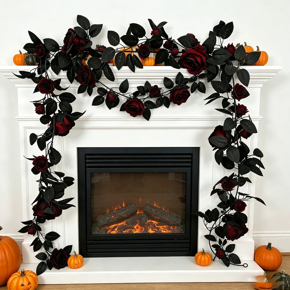 Black Rose Garland, 79-Inch Faux Floral Vine, Gothic Artificial Flowers for Halloween Decor, Spooky Mantle, Wedding Arch, Event Styling