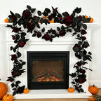 Black Rose Garland, 79-Inch Faux Floral Vine, Gothic Artificial Flowers for Halloween Decor, Spooky Mantle, Wedding Arch, Event Styling