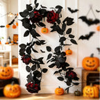 Black Rose Garland, 79-Inch Faux Floral Vine, Gothic Artificial Flowers for Halloween Decor, Spooky Mantle, Wedding Arch, Event Styling