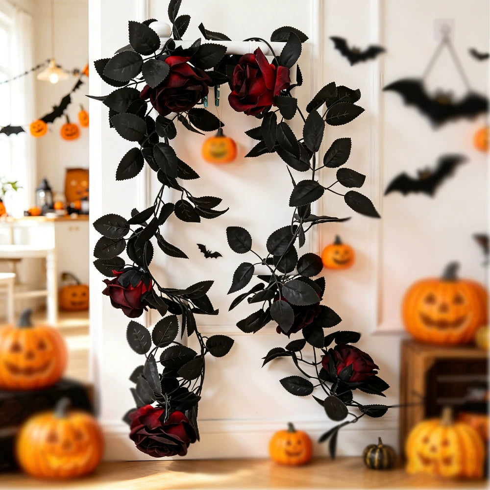 Black Rose Garland, 79-Inch Faux Floral Vine, Gothic Artificial Flowers for Halloween Decor, Spooky Mantle, Wedding Arch, Event Styling