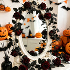 Black Rose Garland, 79-Inch Faux Floral Vine, Gothic Artificial Flowers for Halloween Decor, Spooky Mantle, Wedding Arch, Event Styling