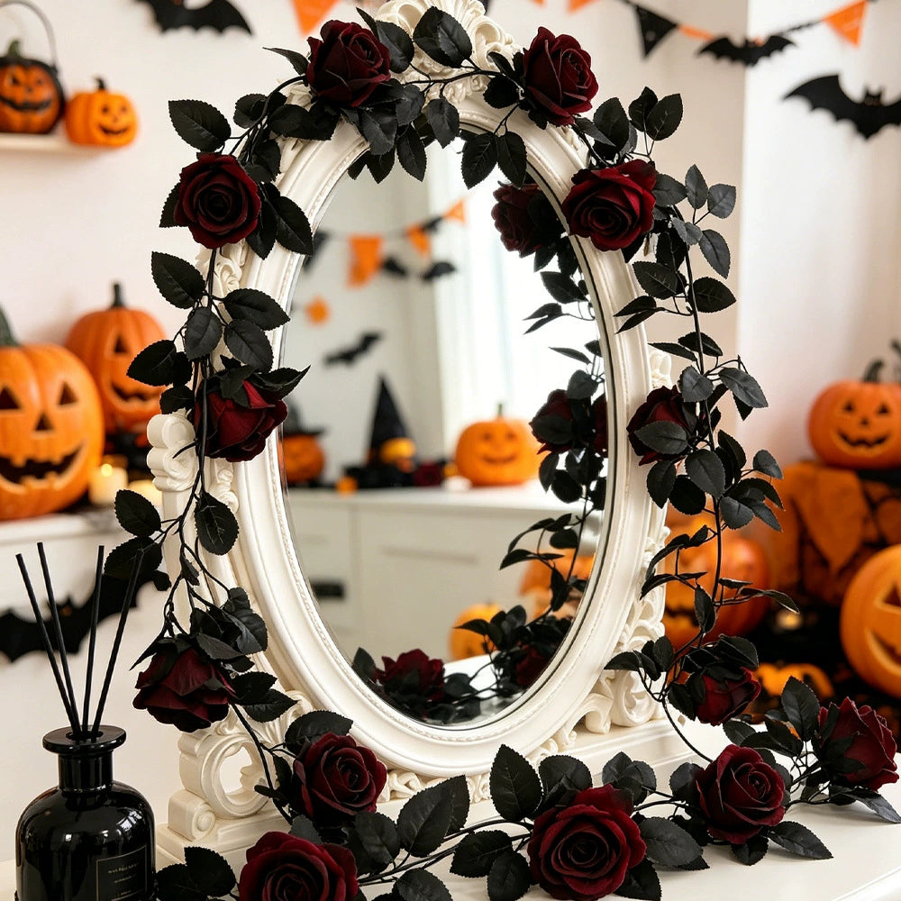 Black Rose Garland, 79-Inch Faux Floral Vine, Gothic Artificial Flowers for Halloween Decor, Spooky Mantle, Wedding Arch, Event Styling
