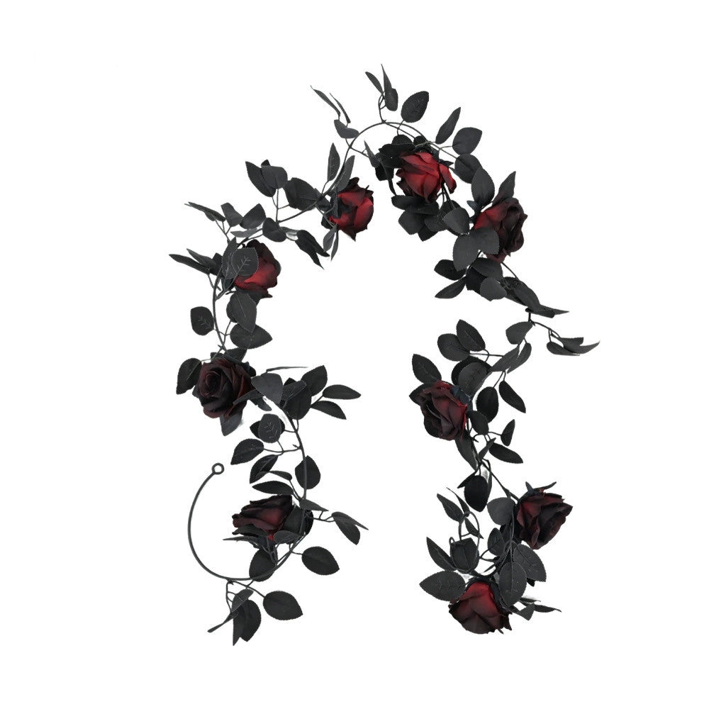Black Rose Garland, 79-Inch Faux Floral Vine, Gothic Artificial Flowers for Halloween Decor, Spooky Mantle, Wedding Arch, Event Styling