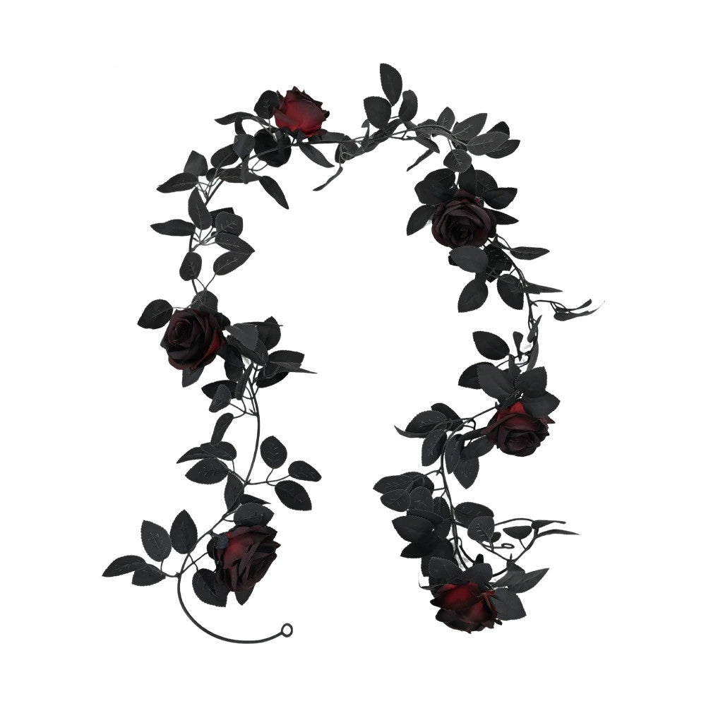 Black Rose Garland, 79-Inch Faux Floral Vine, Gothic Artificial Flowers for Halloween Decor, Spooky Mantle, Wedding Arch, Event Styling