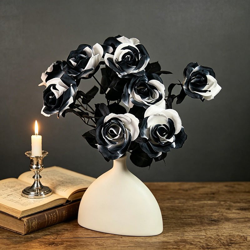 Black and White Faux Roses 15" (37cm) - Realistic Artificial Flowers for Home Decor, Weddings, Events, and Floral Arrangements