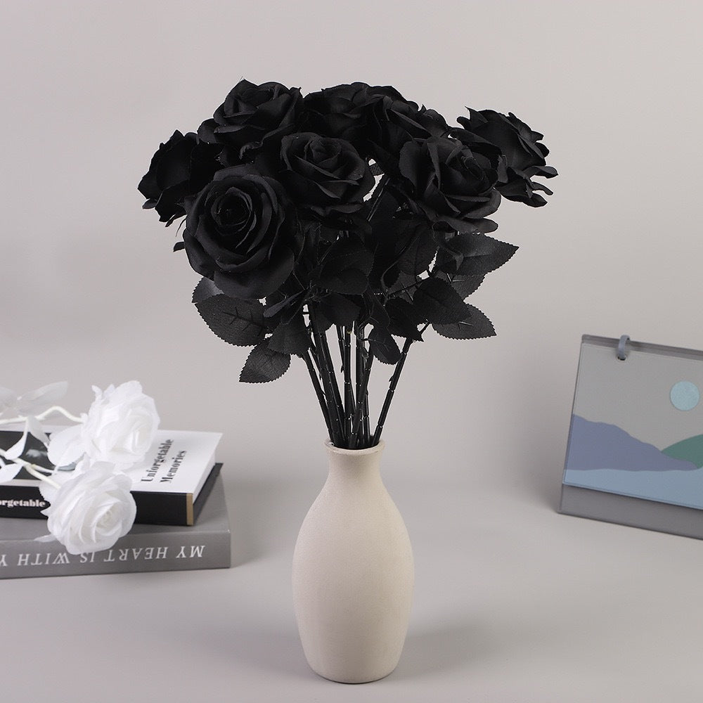 Artificial Black Rose, 20-Inch Long Stem Silk Flower with Large 4" Head, Realistic Gothic Decor for Halloween Parties, Moody Bouquets & Home Vases