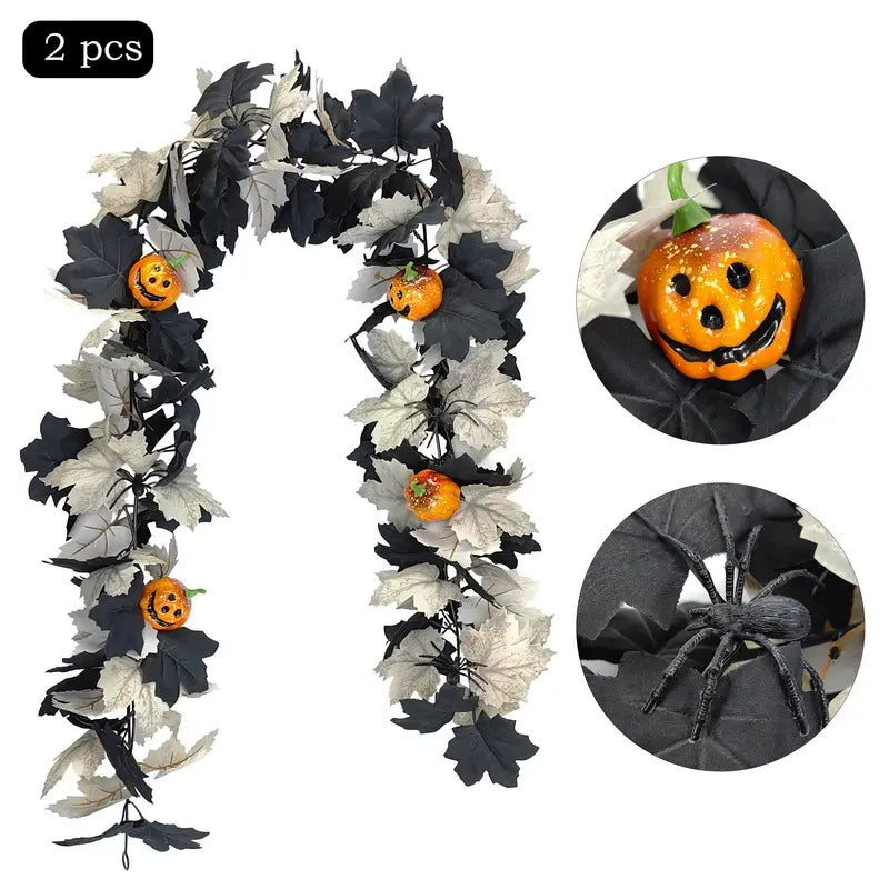Halloween Garland 79", Set of 2 Faux Pumpkin & Maple Leaf Vine, Realistic Autumn Decor for Mantel, Doorway, Party & Seasonal Displays
