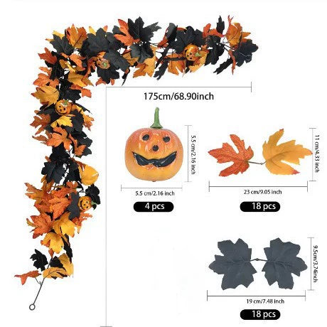 Halloween Garland 79", Set of 2 Faux Pumpkin & Maple Leaf Vine, Realistic Autumn Decor for Mantel, Doorway, Party & Seasonal Displays
