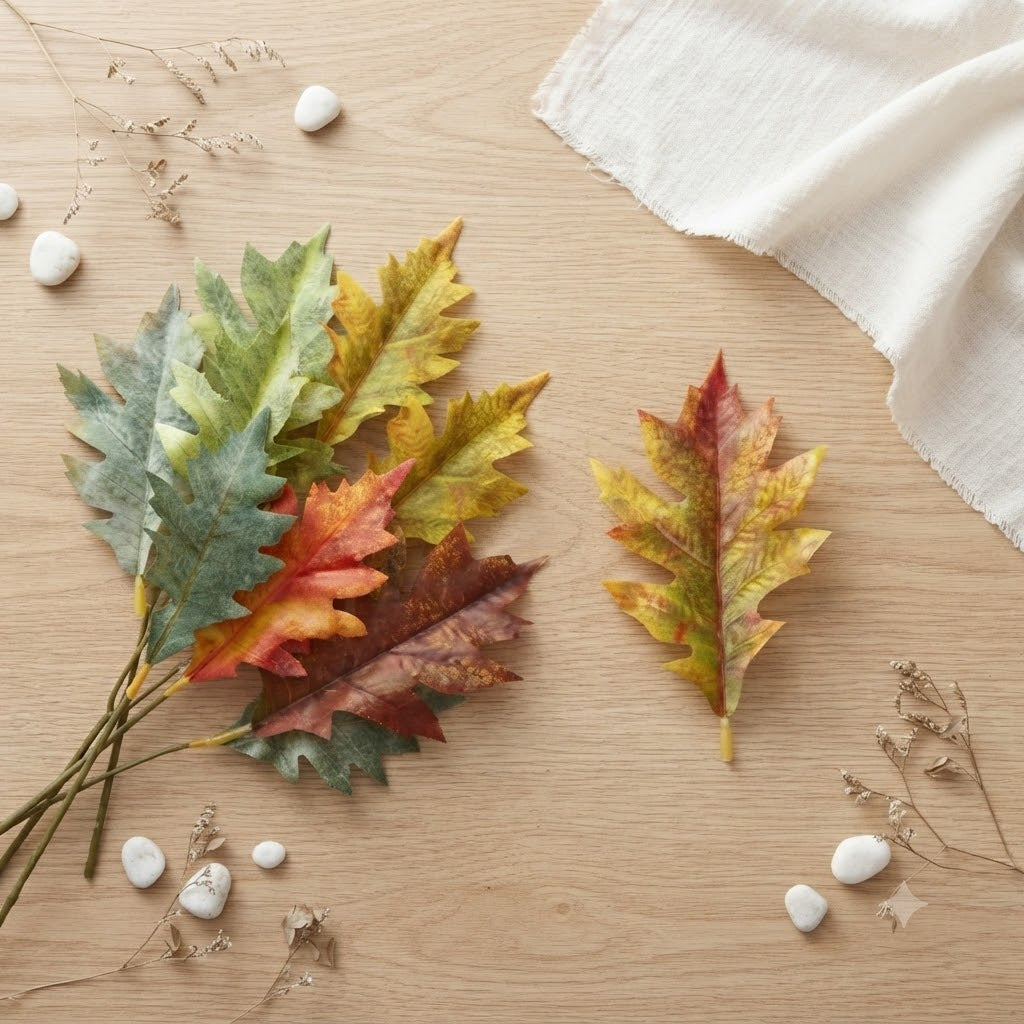 Realistic Faux Oak Leaves Stem - 11.5cm (4.5") & 14cm (5.5") - Perfect for Vases, Home Decor, Weddings, and Events