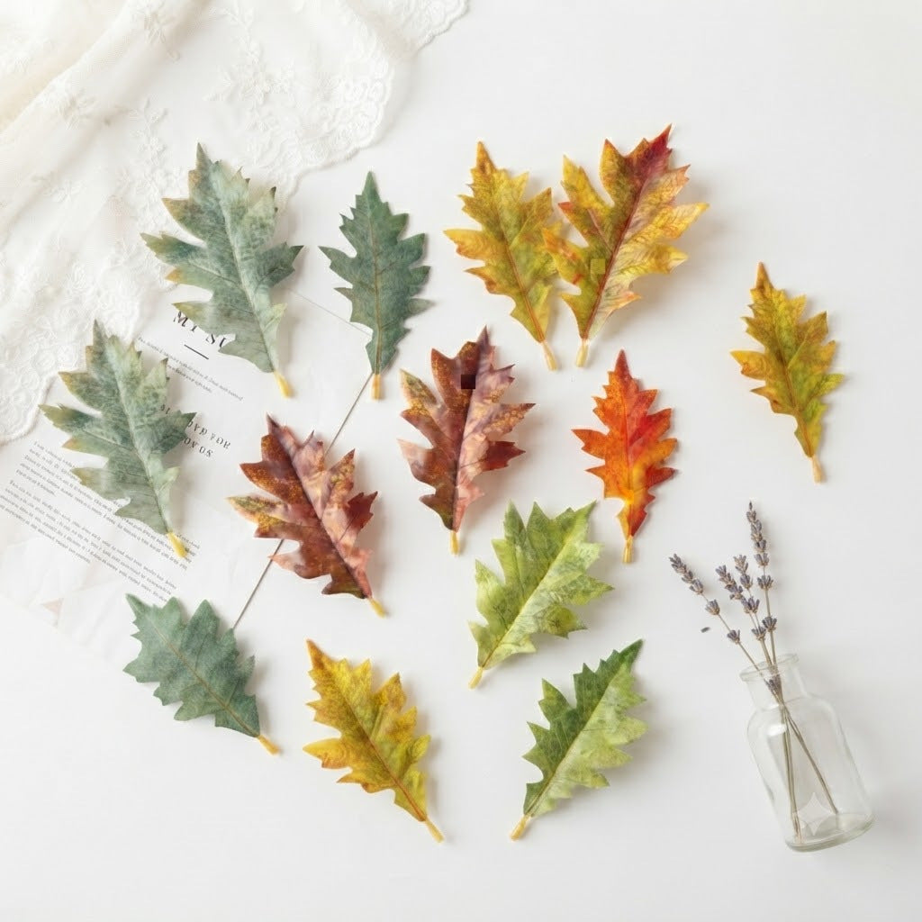 Realistic Faux Oak Leaves Stem - 11.5cm (4.5") & 14cm (5.5") - Perfect for Vases, Home Decor, Weddings, and Events