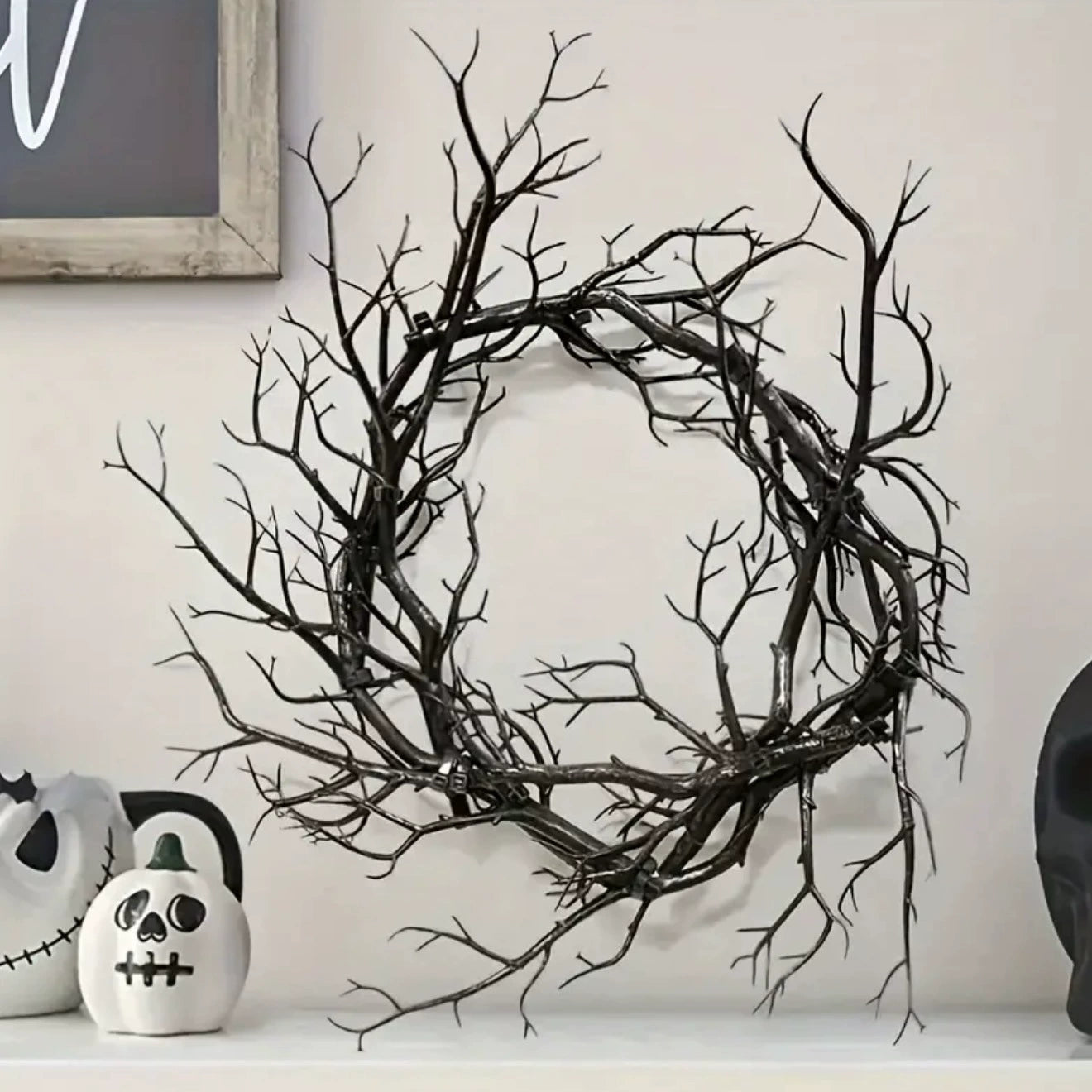 Spooky Black Branch Wreath, 17 Inch, Artificial Twig Wreath for Halloween Front Door, Gothic Wedding Decor, Moody Sculptural Wall Art