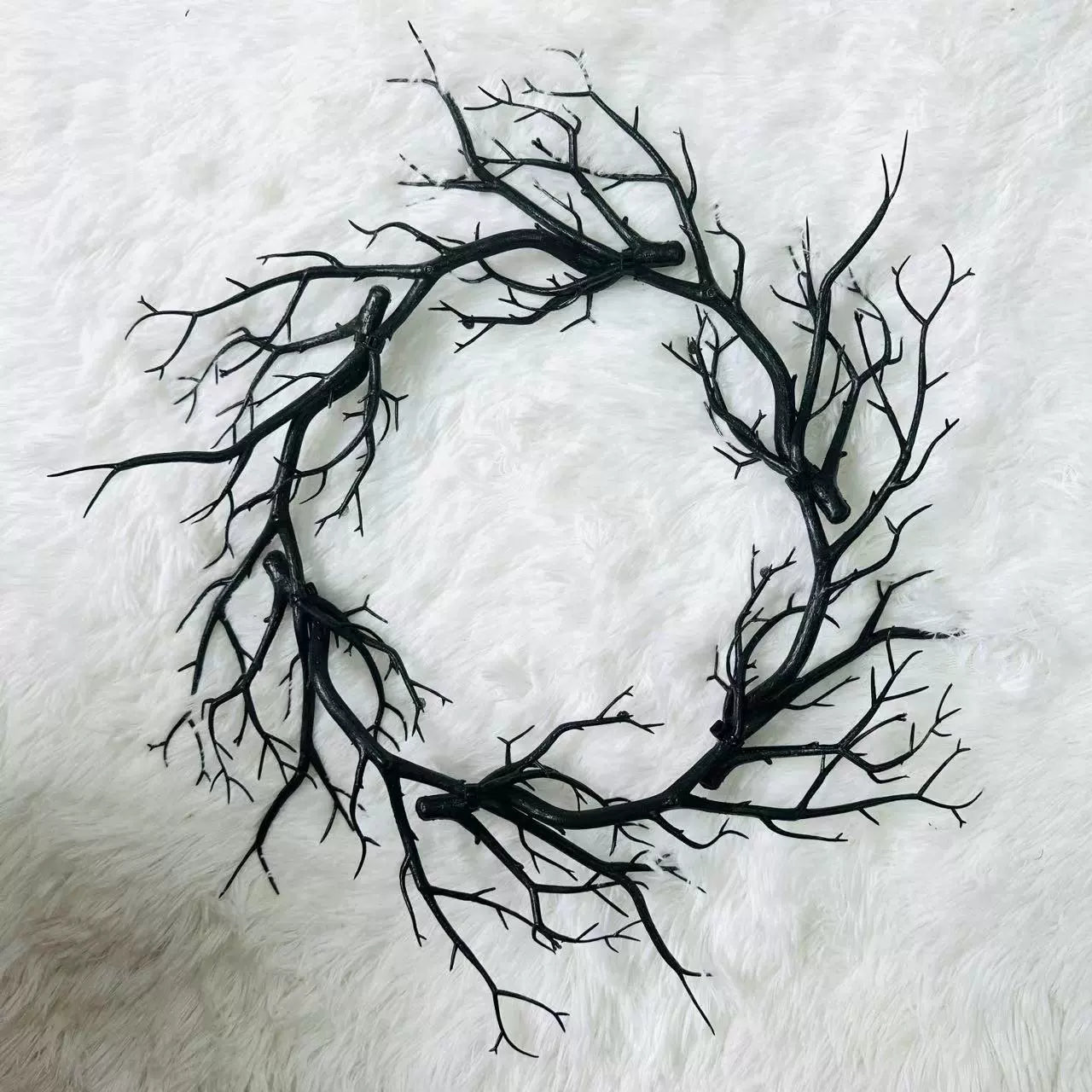 Spooky Black Branch Wreath, 17 Inch, Artificial Twig Wreath for Halloween Front Door, Gothic Wedding Decor, Moody Sculptural Wall Art