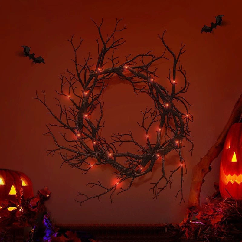 Spooky Black Branch Wreath, 17 Inch, Artificial Twig Wreath for Halloween Front Door, Gothic Wedding Decor, Moody Sculptural Wall Art