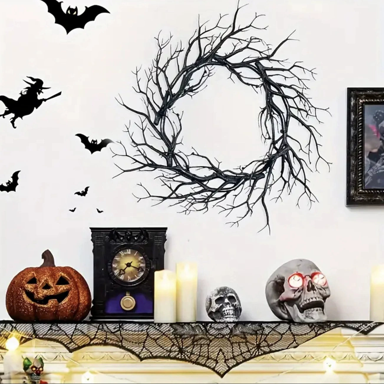 Spooky Black Branch Wreath, 17 Inch, Artificial Twig Wreath for Halloween Front Door, Gothic Wedding Decor, Moody Sculptural Wall Art