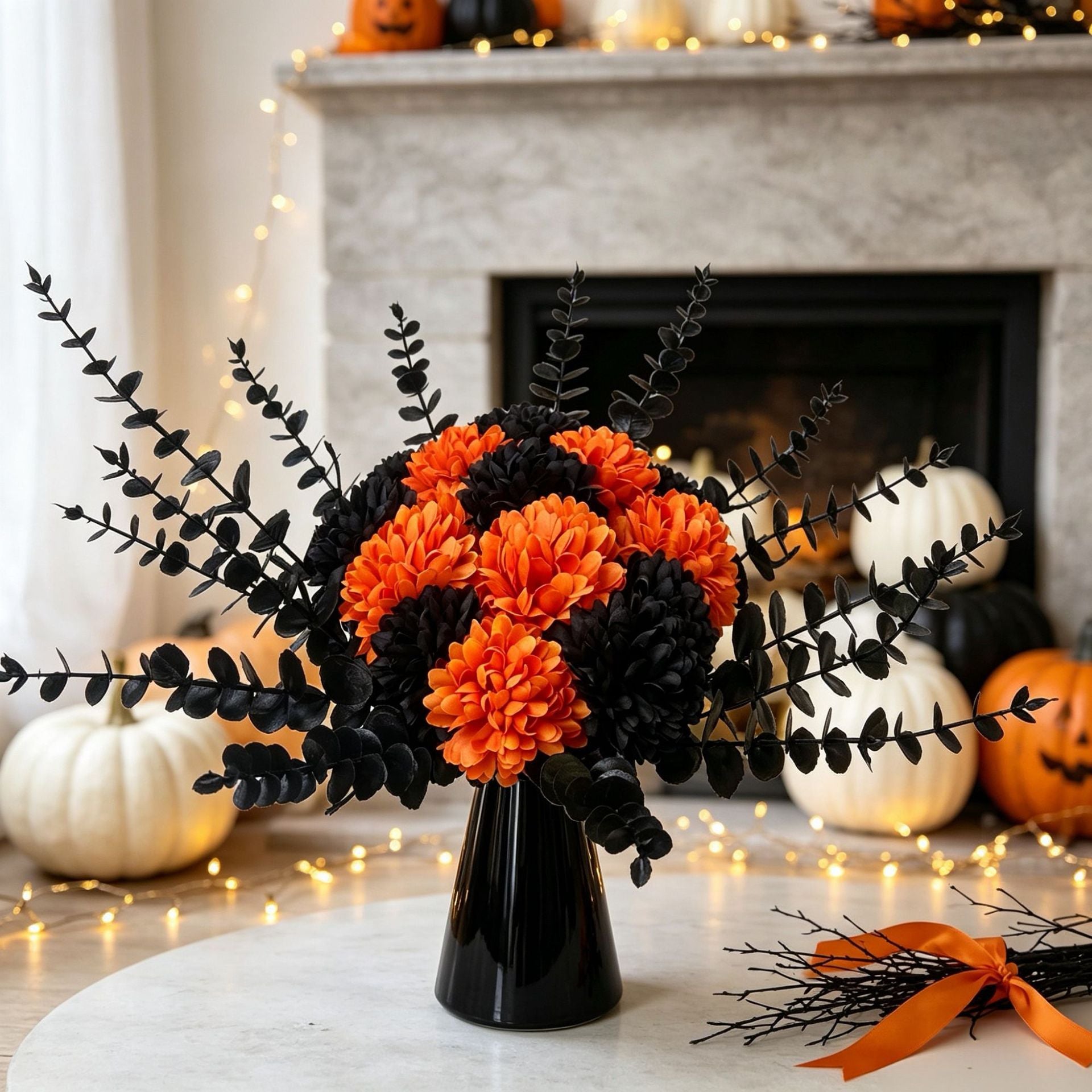 Black Eucalyptus & Orange Hydrangea Stems, 5 Pcs Set, Realistic Faux Florals for Moody Halloween Decor, Gothic Wedding & Vase Arrangements