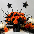 Black Eucalyptus & Orange Hydrangea Stems, 5 Pcs Set, Realistic Faux Florals for Moody Halloween Decor, Gothic Wedding & Vase Arrangements