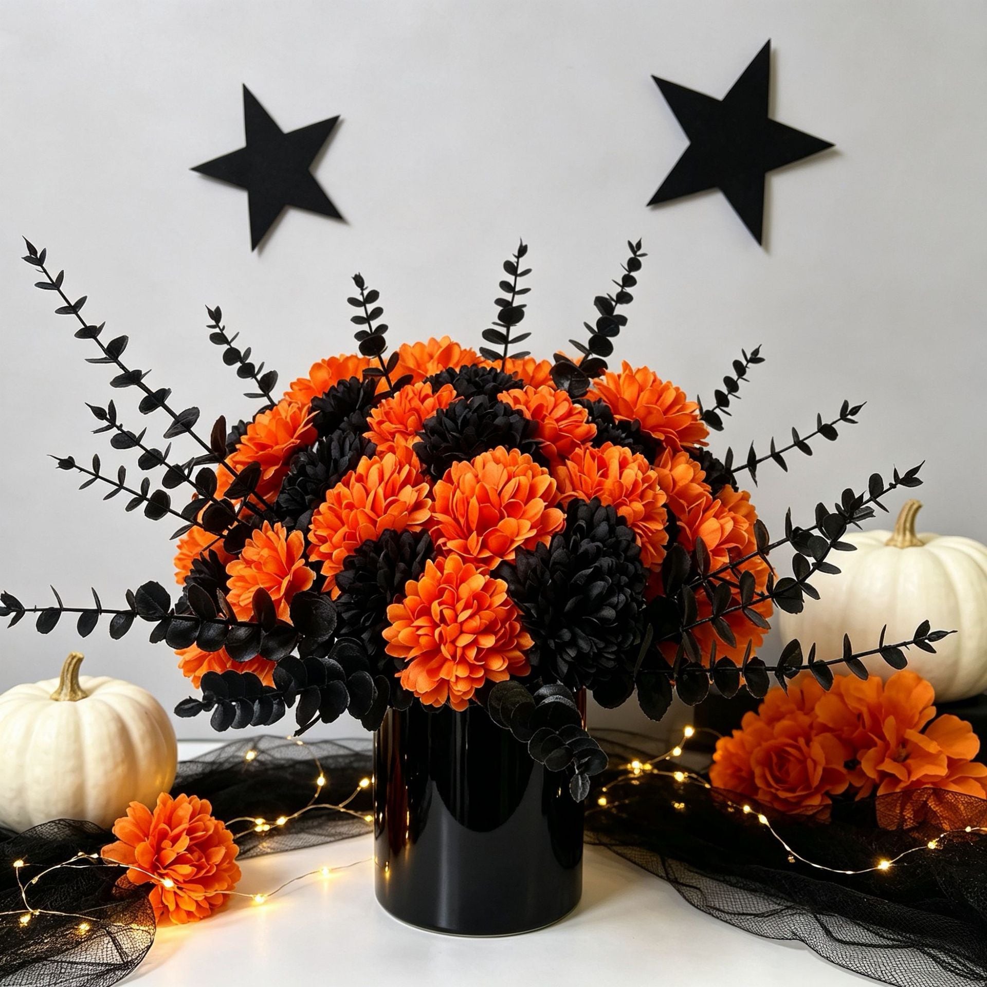 Black Eucalyptus & Orange Hydrangea Stems, 5 Pcs Set, Realistic Faux Florals for Moody Halloween Decor, Gothic Wedding & Vase Arrangements