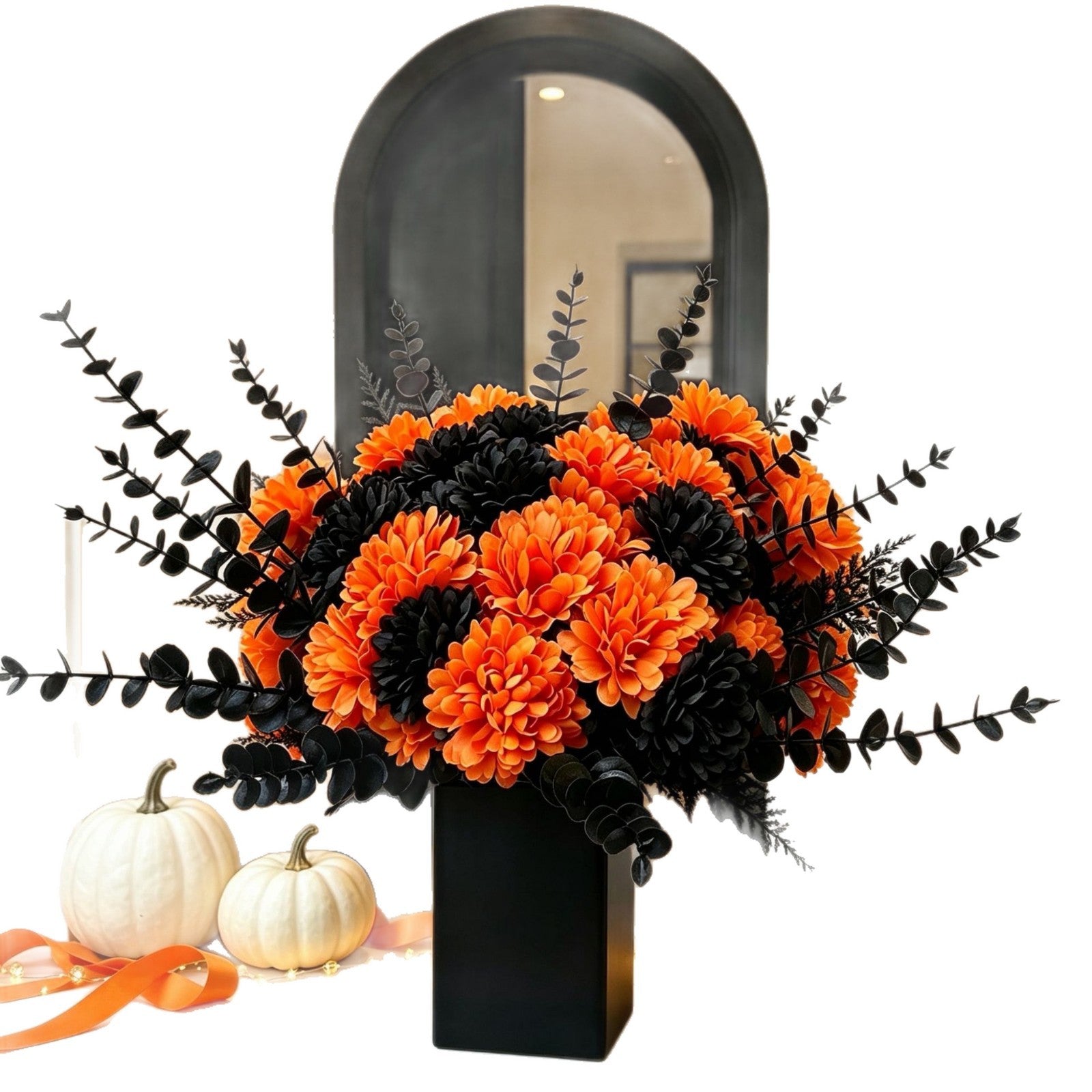 Black Eucalyptus & Orange Hydrangea Stems, 5 Pcs Set, Realistic Faux Florals for Moody Halloween Decor, Gothic Wedding & Vase Arrangements