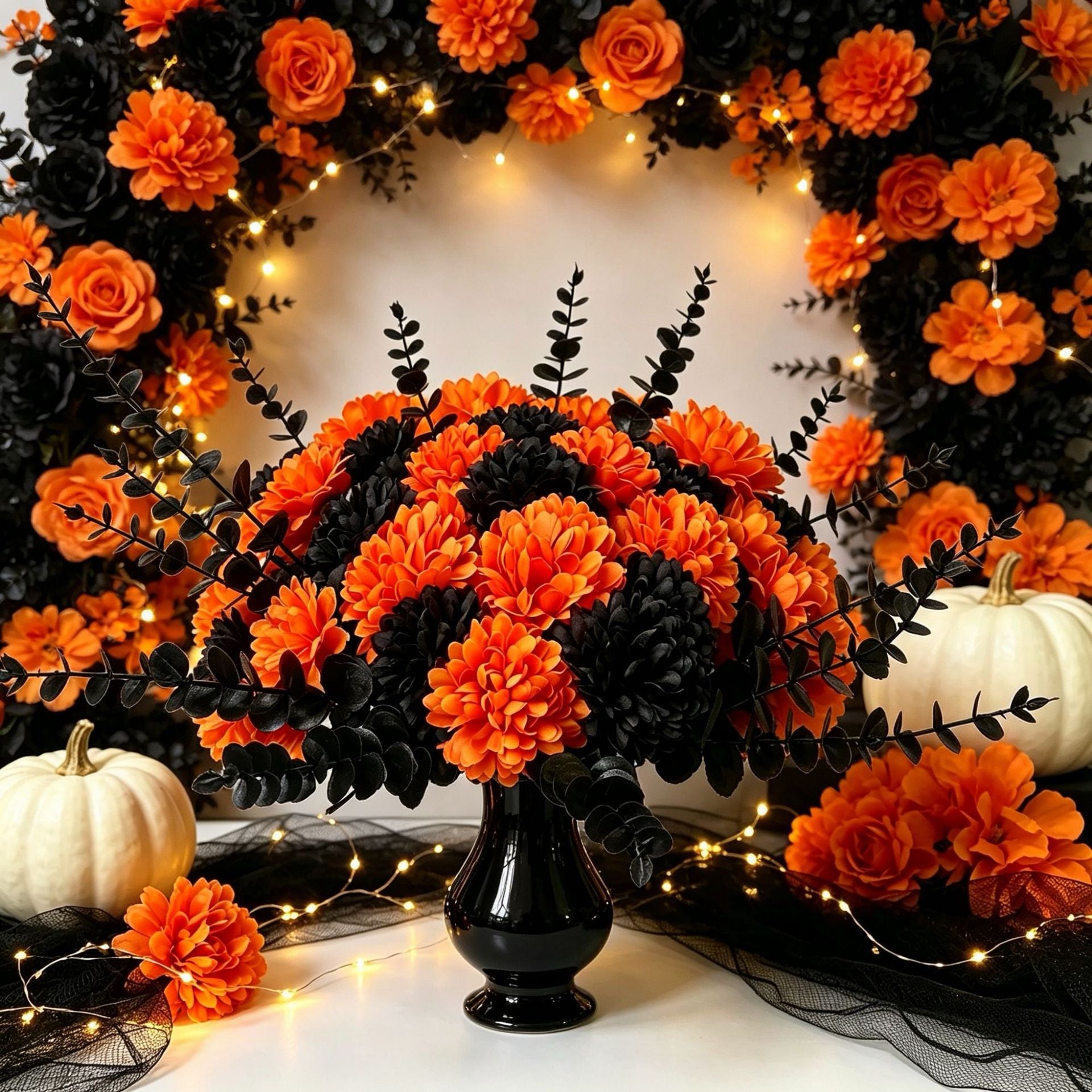 Black Eucalyptus & Orange Hydrangea Stems, 5 Pcs Set, Realistic Faux Florals for Moody Halloween Decor, Gothic Wedding & Vase Arrangements