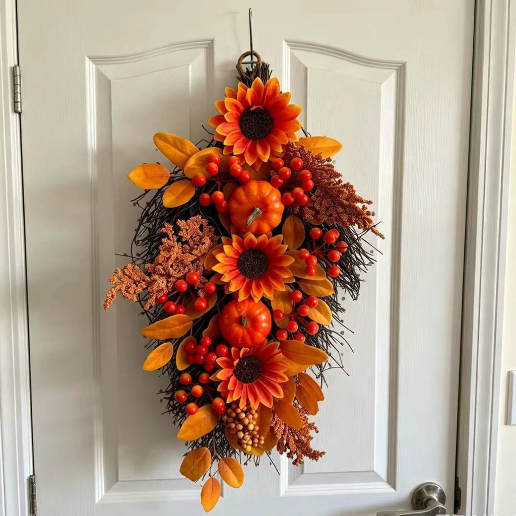 Autumn Teardrop Swag, 22" Realistic Fall Decoration with Faux Maple Leaves, Pumpkins & Pinecones, Rustic Hanging Decor for Front Door, Thanksgiving, Halloween