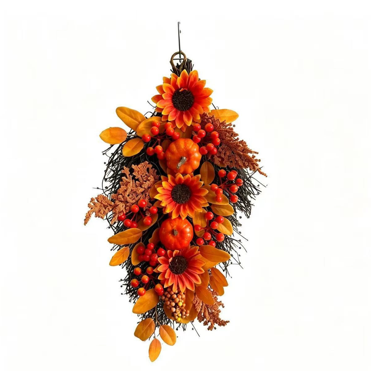 Autumn Teardrop Swag, 22" Realistic Fall Decoration with Faux Maple Leaves, Pumpkins & Pinecones, Rustic Hanging Decor for Front Door, Thanksgiving, Halloween