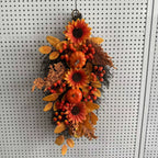 Autumn Teardrop Swag, 22" Realistic Fall Decoration with Faux Maple Leaves, Pumpkins & Pinecones, Rustic Hanging Decor for Front Door, Thanksgiving, Halloween