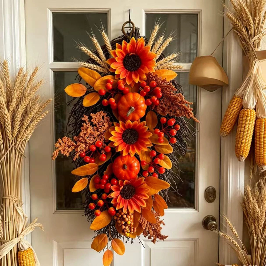 Autumn Teardrop Swag, 22" Realistic Fall Decoration with Faux Maple Leaves, Pumpkins & Pinecones, Rustic Hanging Decor for Front Door, Thanksgiving, Halloween
