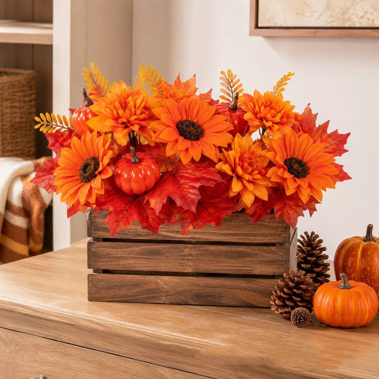 Faux Pumpkin & Maple Leaf Spray, 13" Artificial Autumn Harvest Pick with Pinecone, Realistic Fall Decor for Table Centerpieces, Wreaths & Halloween