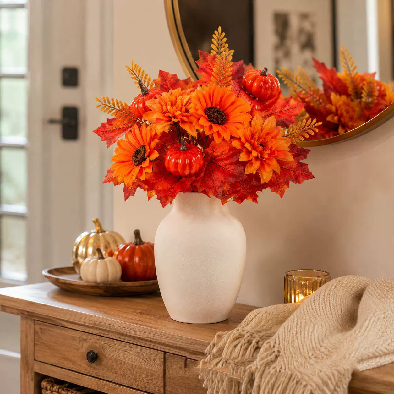 Faux Pumpkin & Maple Leaf Spray, 13" Artificial Autumn Harvest Pick with Pinecone, Realistic Fall Decor for Table Centerpieces, Wreaths & Halloween