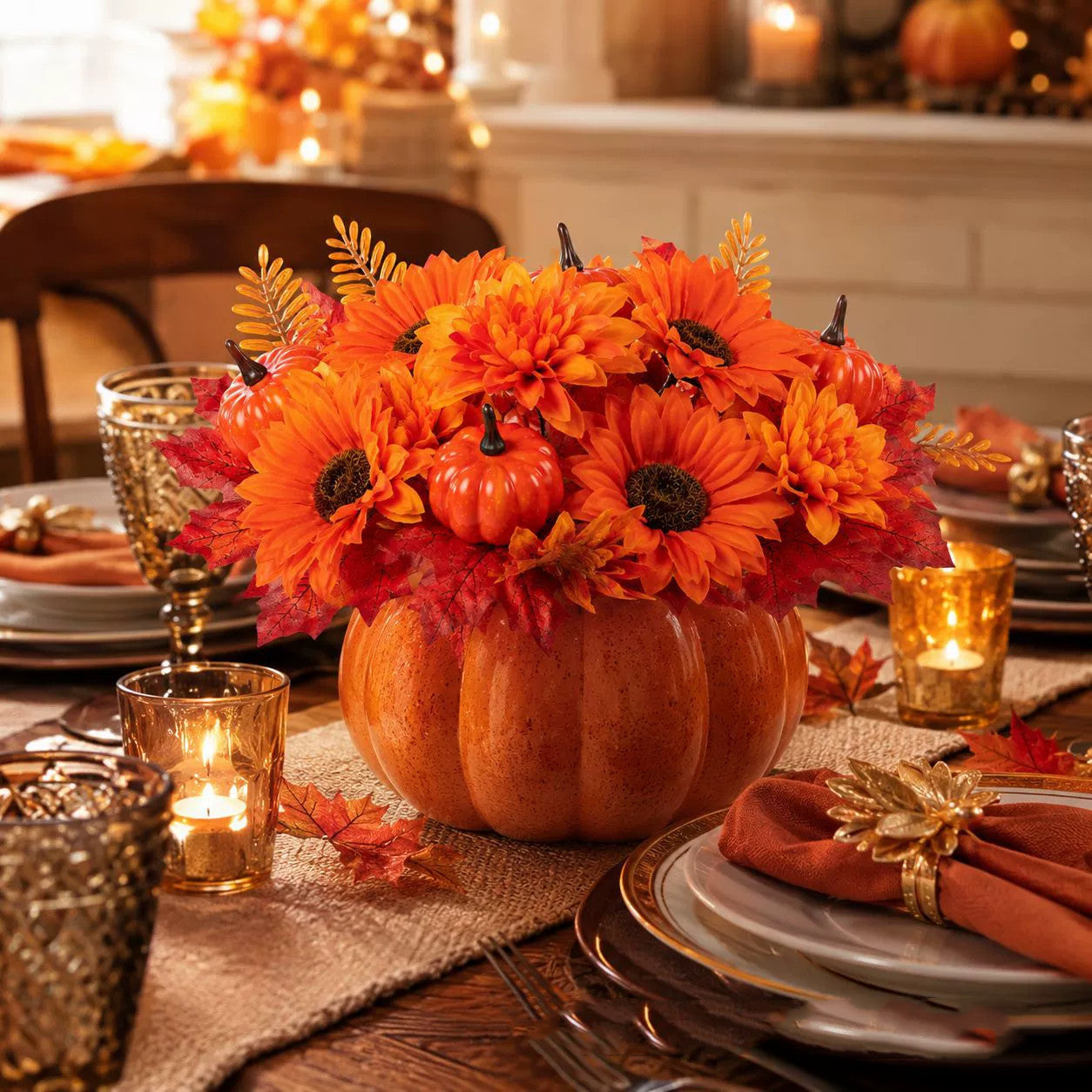 Faux Pumpkin & Maple Leaf Spray, 13" Artificial Autumn Harvest Pick with Pinecone, Realistic Fall Decor for Table Centerpieces, Wreaths & Halloween