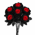Dramatic Black & Red Faux Roses, 5-Stem Set, Realistic Long Stem Artificial Flowers for Gothic Wedding Bouquets, Halloween & Event Decor