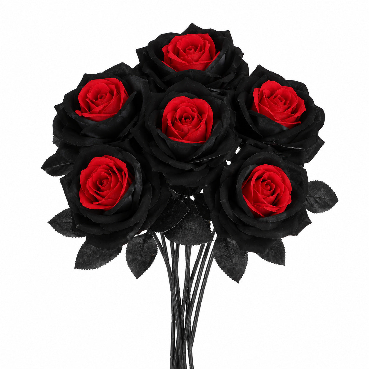 Dramatic Black & Red Faux Roses, 5-Stem Set, Realistic Long Stem Artificial Flowers for Gothic Wedding Bouquets, Halloween & Event Decor