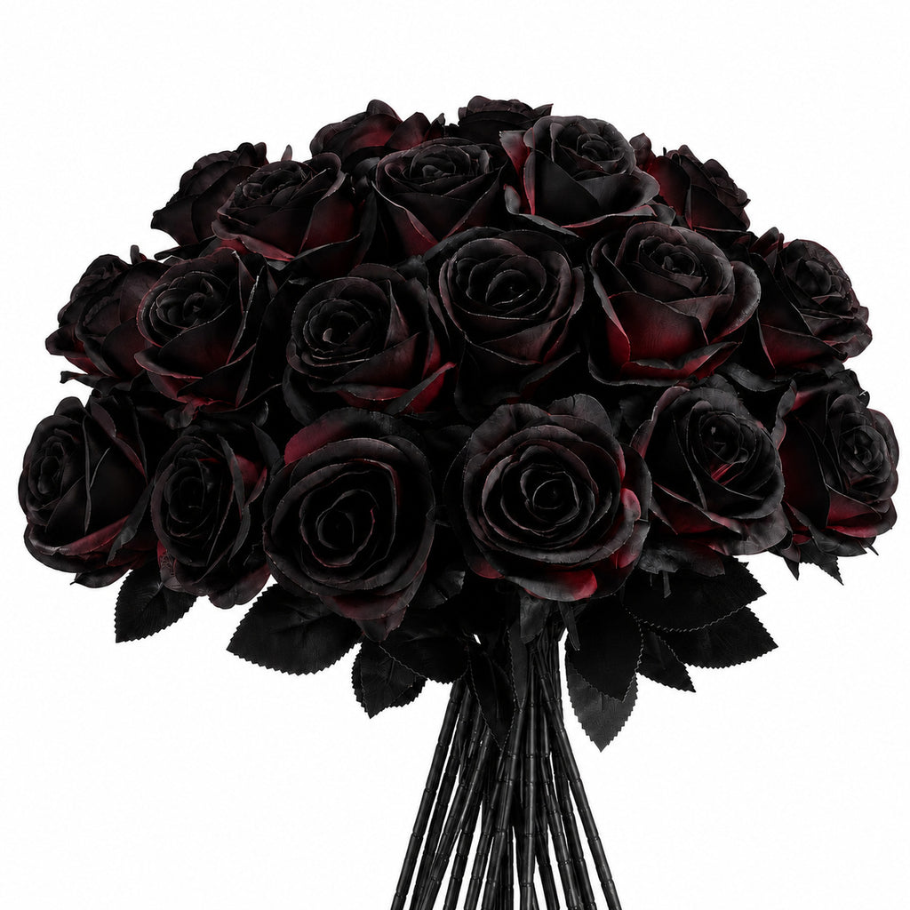 Dramatic Black & Red Faux Roses, 5-Stem Set, Realistic Long Stem Artificial Flowers for Gothic Wedding Bouquets, Halloween & Event Decor