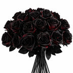 Dramatic Black & Red Faux Roses, 5-Stem Set, Realistic Long Stem Artificial Flowers for Gothic Wedding Bouquets, Halloween & Event Decor