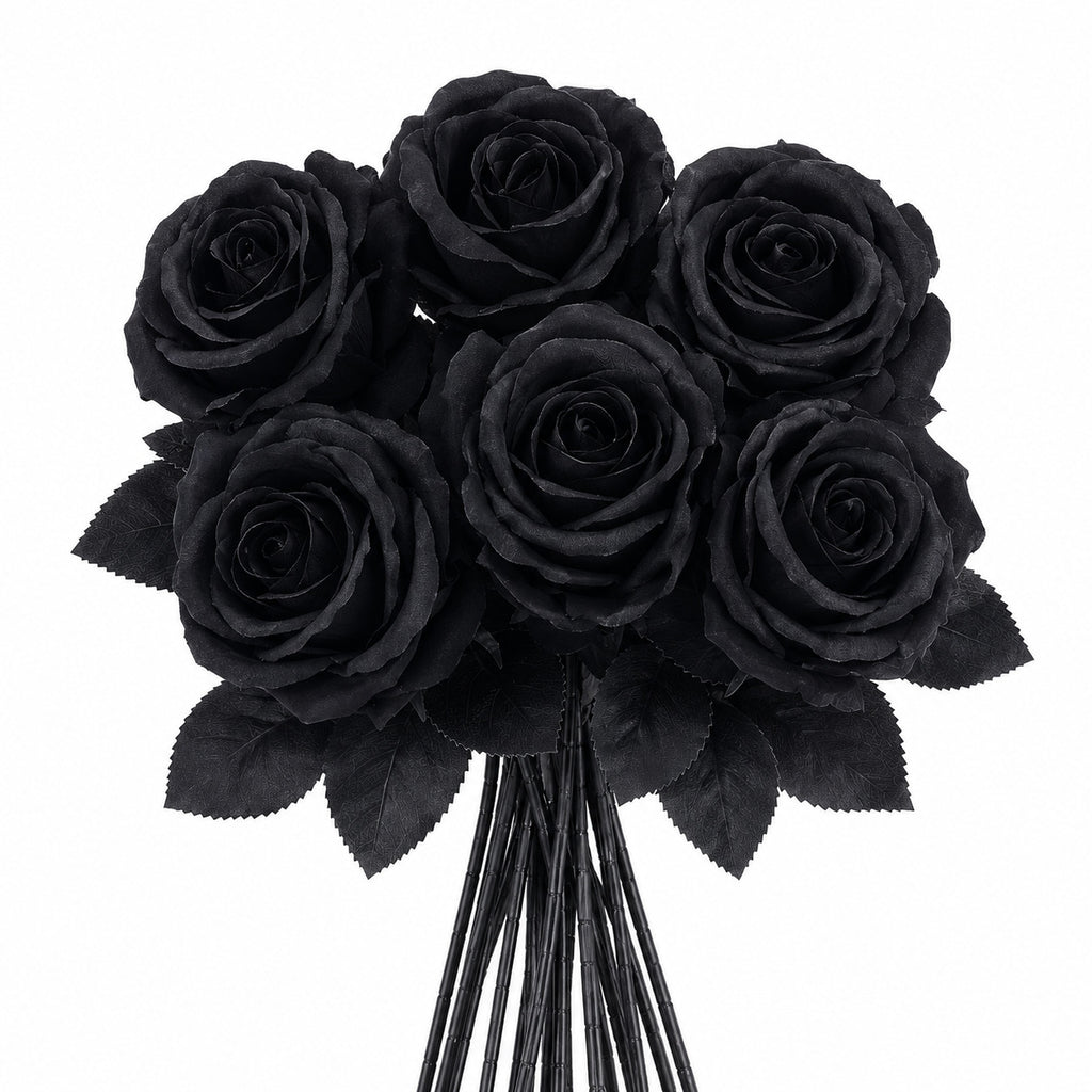 Dramatic Black & Red Faux Roses, 5-Stem Set, Realistic Long Stem Artificial Flowers for Gothic Wedding Bouquets, Halloween & Event Decor