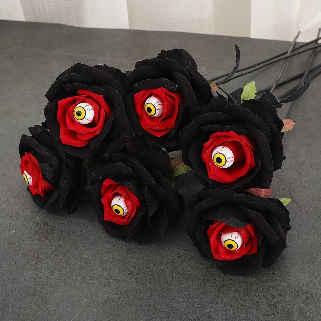 Dramatic Black & Red Faux Roses, 5-Stem Set, Realistic Long Stem Artificial Flowers for Gothic Wedding Bouquets, Halloween & Event Decor