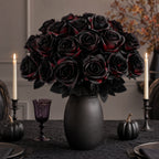 Dramatic Black & Red Faux Roses, 5-Stem Set, Realistic Long Stem Artificial Flowers for Gothic Wedding Bouquets, Halloween & Event Decor