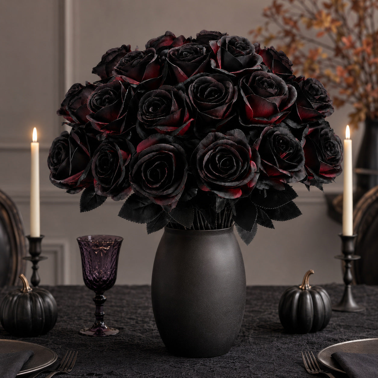 Dramatic Black & Red Faux Roses, 5-Stem Set, Realistic Long Stem Artificial Flowers for Gothic Wedding Bouquets, Halloween & Event Decor