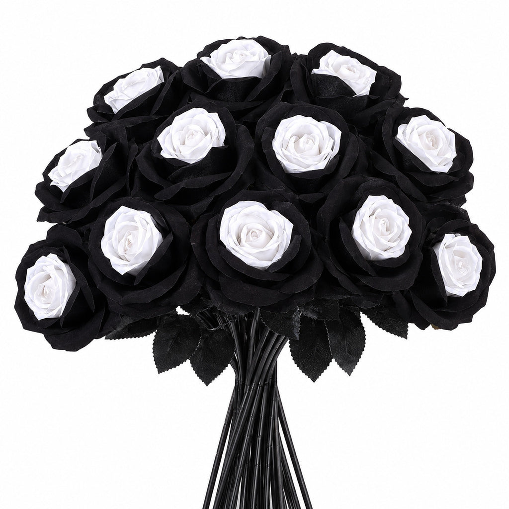 Dramatic Black & Red Faux Roses, 5-Stem Set, Realistic Long Stem Artificial Flowers for Gothic Wedding Bouquets, Halloween & Event Decor