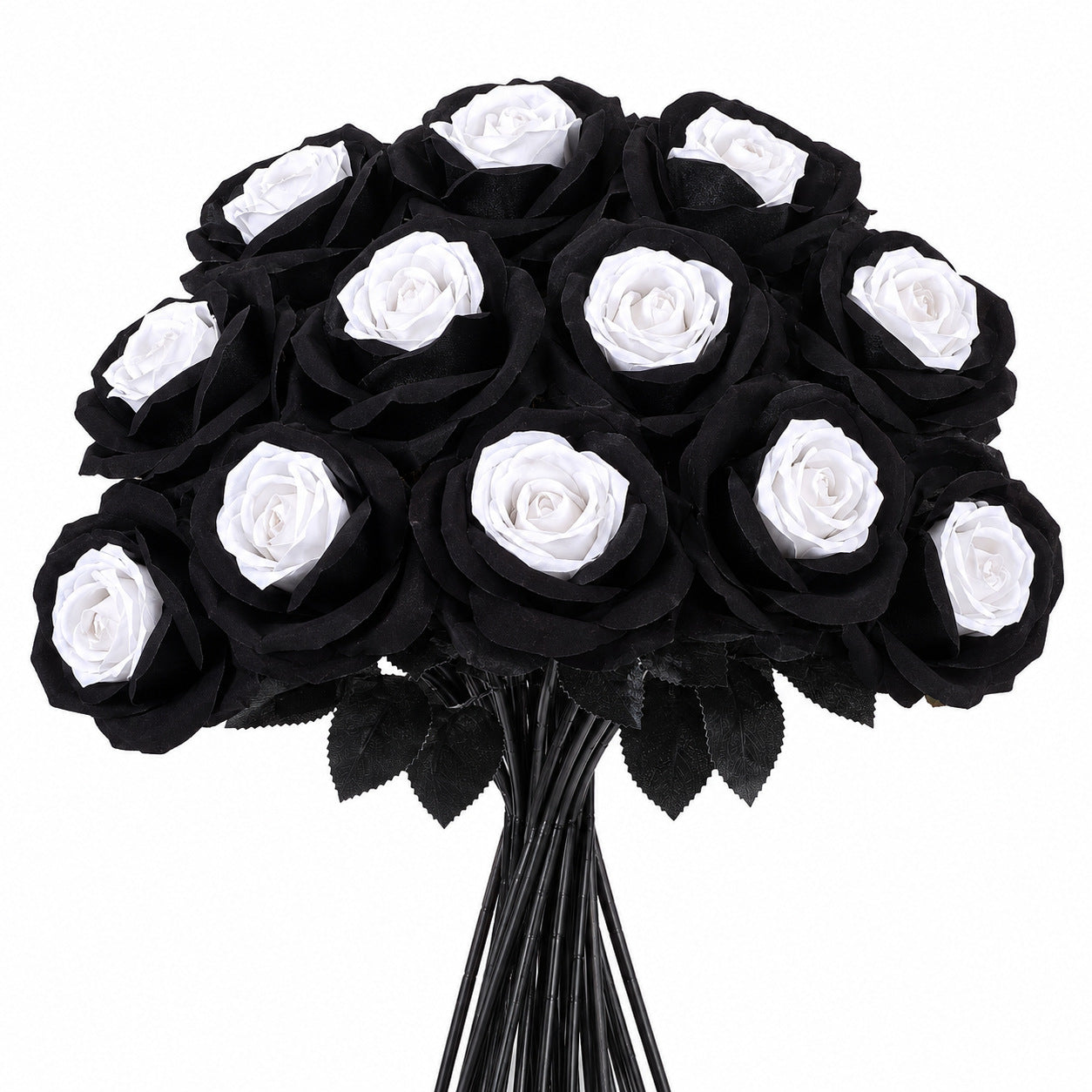 Dramatic Black & Red Faux Roses, 5-Stem Set, Realistic Long Stem Artificial Flowers for Gothic Wedding Bouquets, Halloween & Event Decor