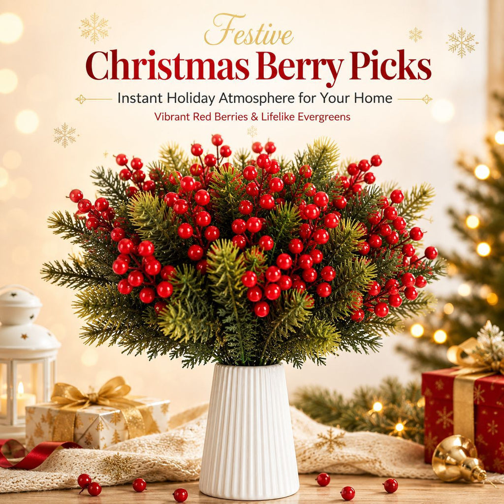 Faux Christmas Berry Stems, Set of 2, Lifelike Red Berry Picks (14" & 12") for Holiday Wreaths, Winter Vase Arrangements & Festive Home Decor