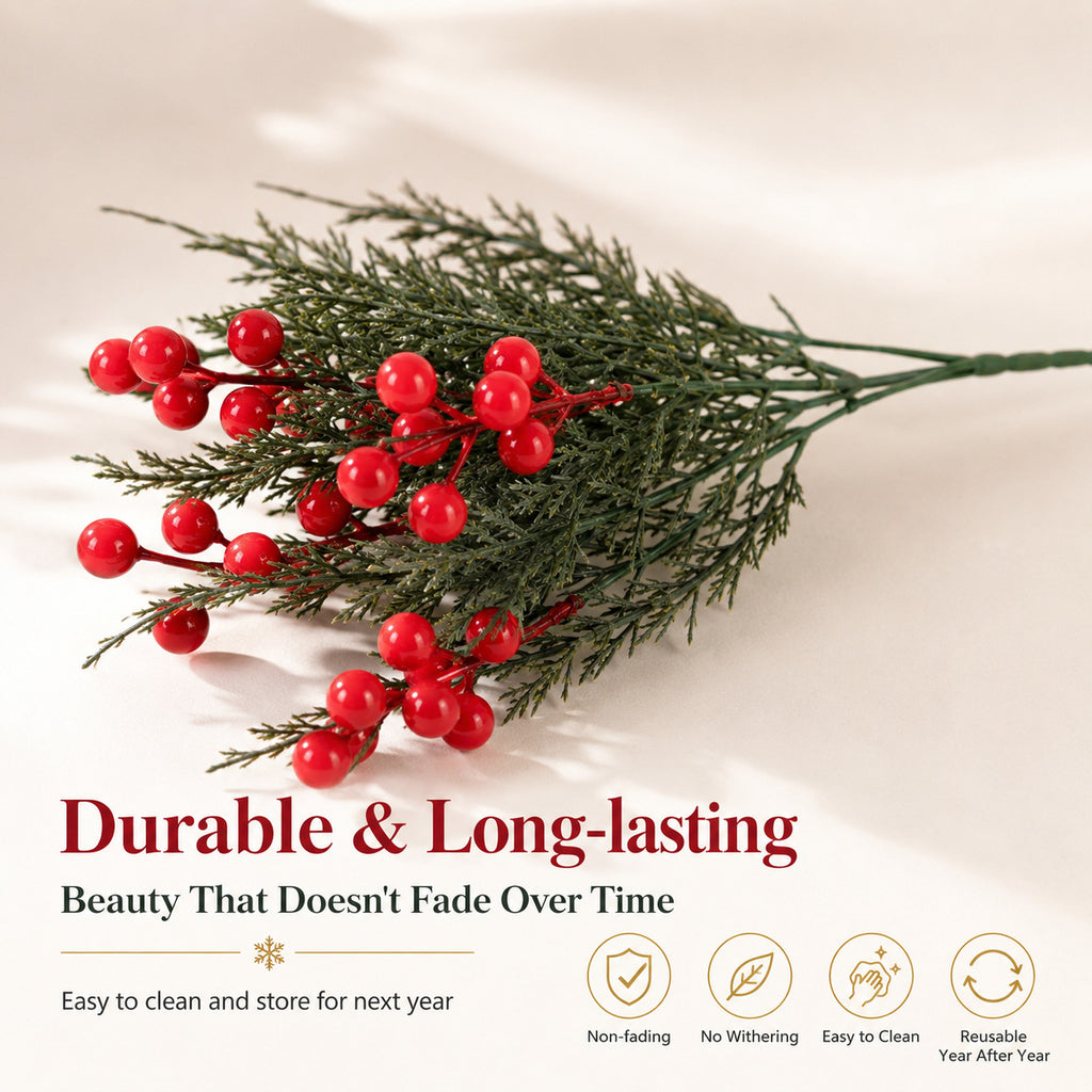 Faux Christmas Berry Stems, Set of 2, Lifelike Red Berry Picks (14" & 12") for Holiday Wreaths, Winter Vase Arrangements & Festive Home Decor