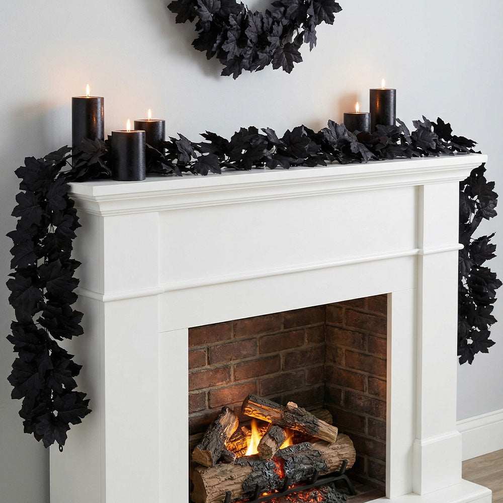 Black Maple Leaf Garland, 2-Pack Realistic Artificial Vine, Up to 79", Faux Silk Leaves for Halloween & Thanksgiving Decor, Gothic Wedding, Mantelpiece