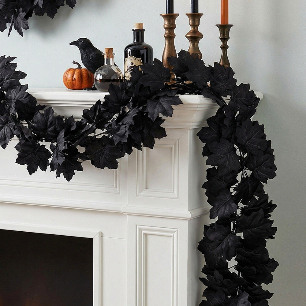 Black Maple Leaf Garland, 2-Pack Realistic Artificial Vine, Up to 79", Faux Silk Leaves for Halloween & Thanksgiving Decor, Gothic Wedding, Mantelpiece