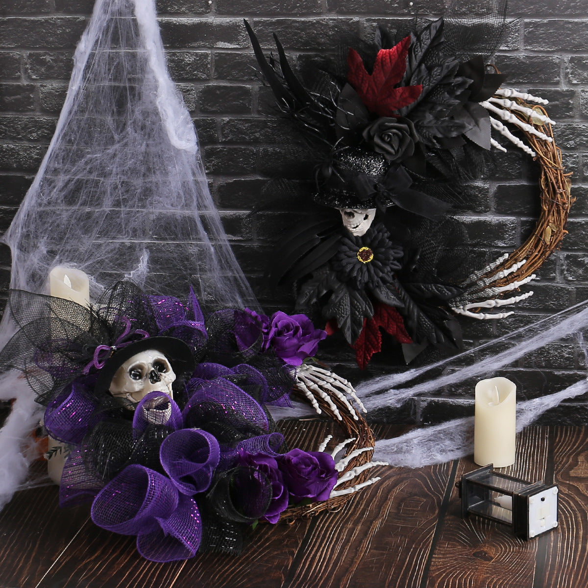 Halloween Skull Wreath with Cobwebs, 18" Red & 16" Purple, Spooky Home Decor, Party Decoration, Perfect for Halloween Events
