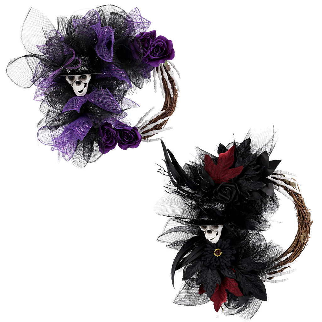 Halloween Skull Wreath with Cobwebs, 18" Red & 16" Purple, Spooky Home Decor, Party Decoration, Perfect for Halloween Events