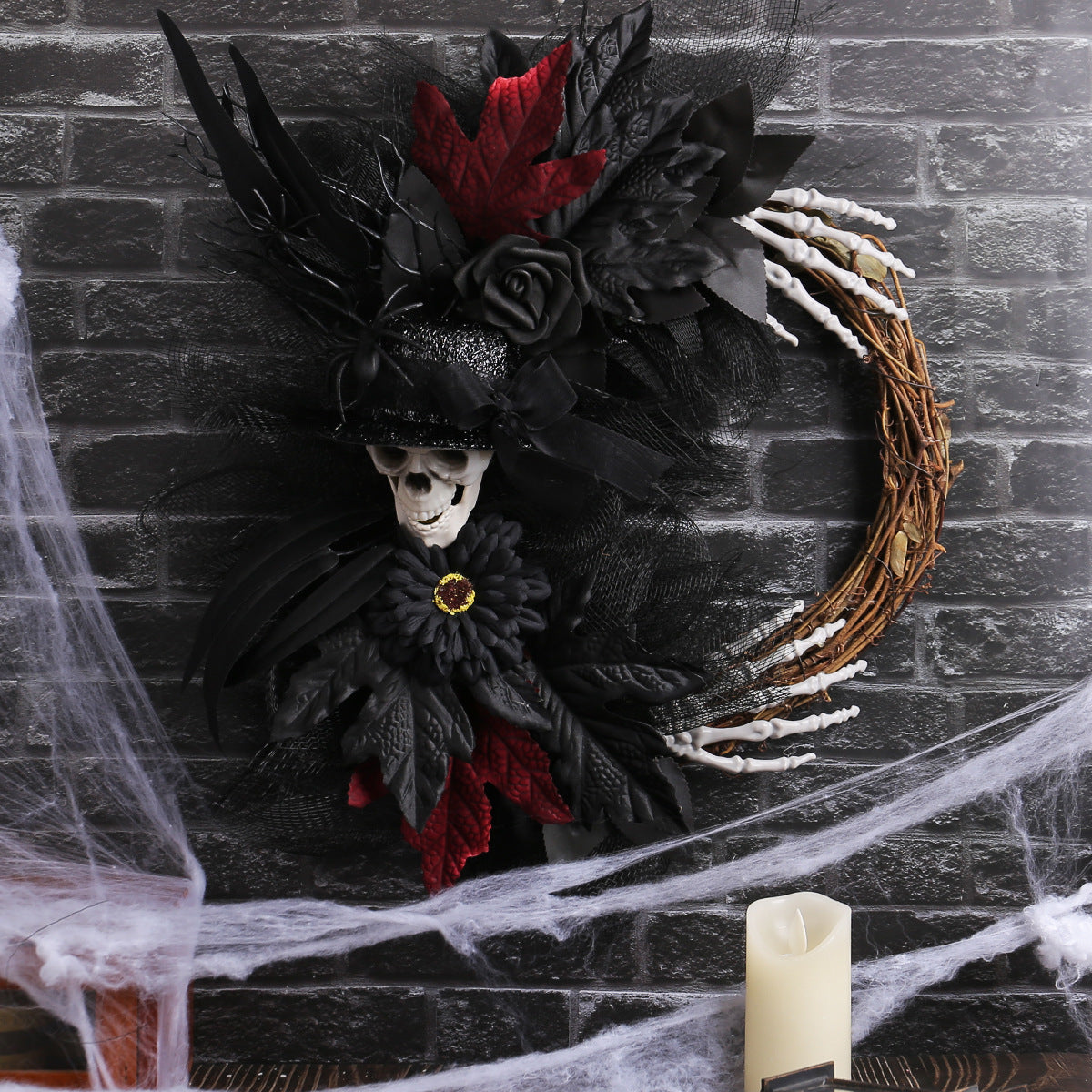Halloween Skull Wreath with Cobwebs, 18" Red & 16" Purple, Spooky Home Decor, Party Decoration, Perfect for Halloween Events